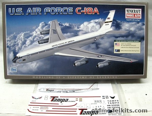 Minicraft 1/144 Boeing T-18 / 707 / C-18A - CMMCA Air Force Systems Command late 1980s / USAF Material Command 1997 / NATO-OTAN Airborne Early Warning Force 1990 + Pointerdog7 Decals for Tampa-Columbia 707-321CF from 1995, 14594 plastic model kit